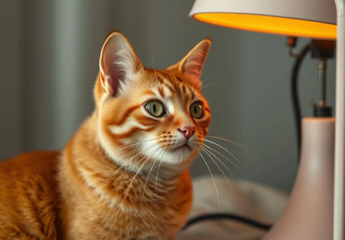 a cat sitting on top of a bed next to a table lamp with a light on it