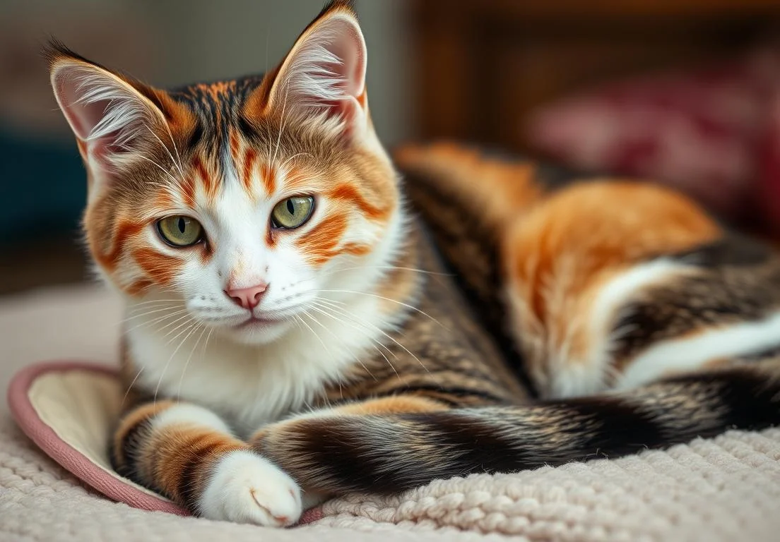 a cat laying on top of a bed with its paws on it