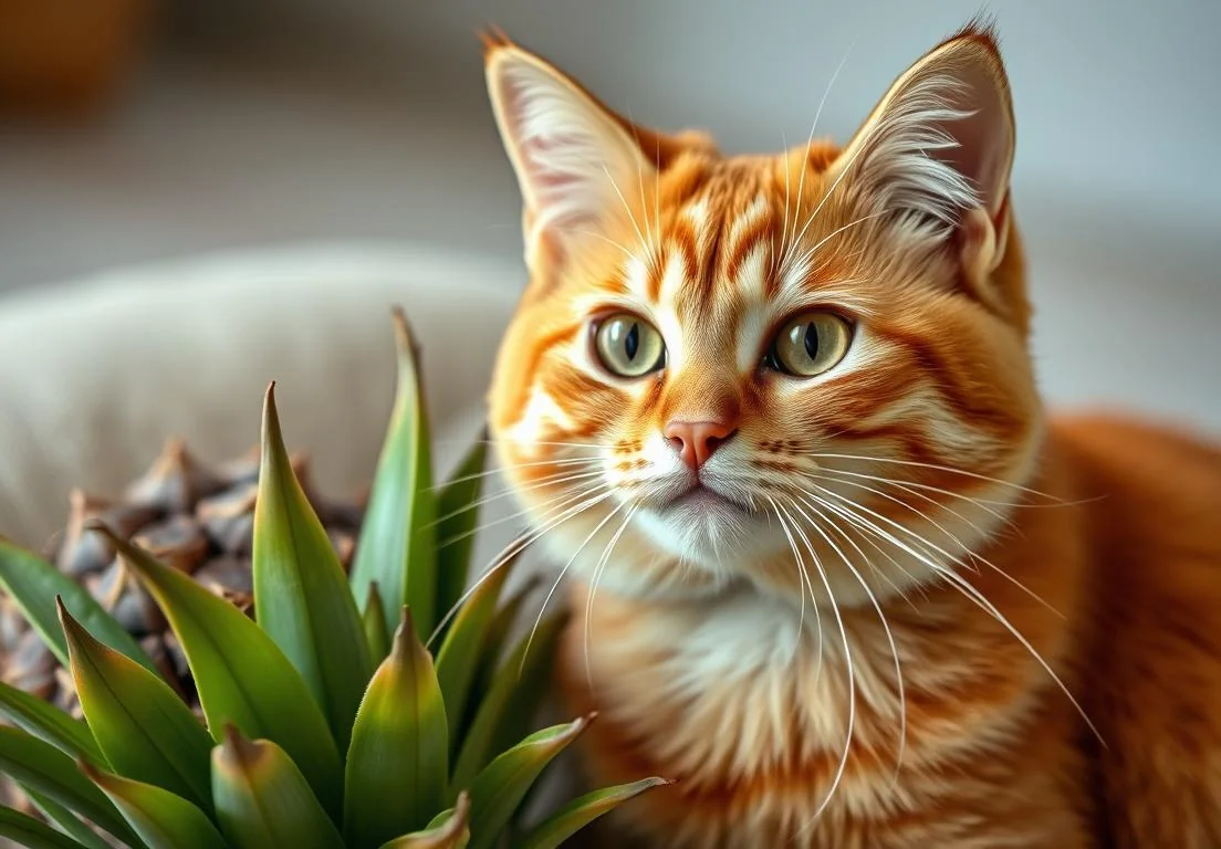 an orange cat is sitting next to a pot of pineapples and looking at the camera