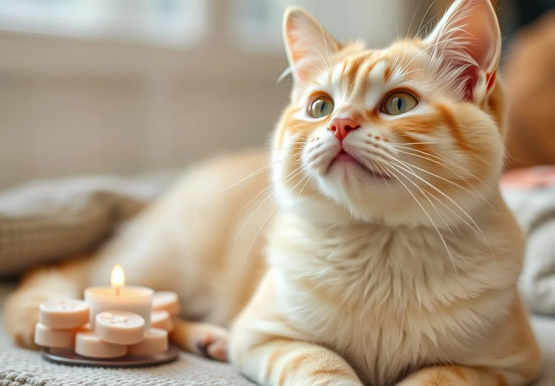 a cat laying on top of a bed next to a scented wax candle