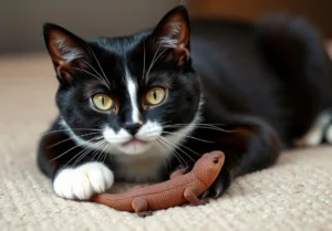 a black and white cat lying down next to a skink