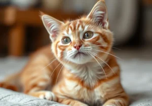 an orange and white cat sitting on top of a bed looking up at the camera