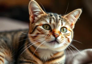 a cat with green eyes sitting on a bed looking up at the camera