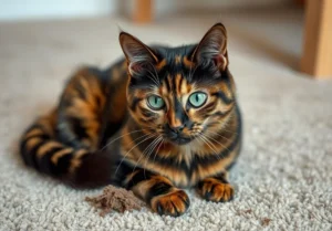 a cat with green eyes laying on the carpet in front of a chair