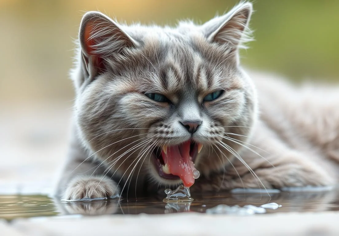 a cat with its mouth open is drinking water from a puddle in the ground