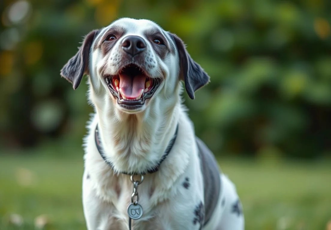 a dog sitting in the grass with its mouth open and it's tongue out