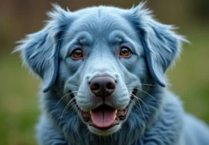 a close up of a blue dog's face with its tongue out