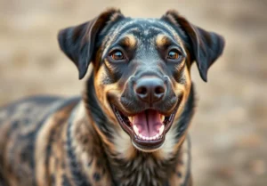 a dog with its mouth open and it's tongue out, looking at the camera