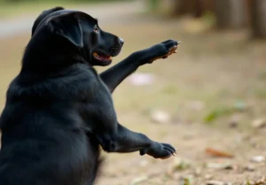 a black dog standing on its hinds with its paw up in the air