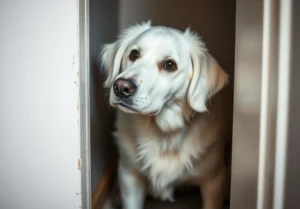 a dog is looking out the door at the viewer in this undrefleor photo