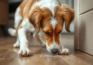 a dog looking down at the floor with its head in the door handle