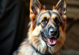 a dog with its mouth open and it's looking at the camera