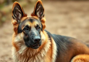 a german shepherd dog laying down on the ground with its head turned to the camera