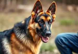 a man kneeling next to a german shepherd dog in the field