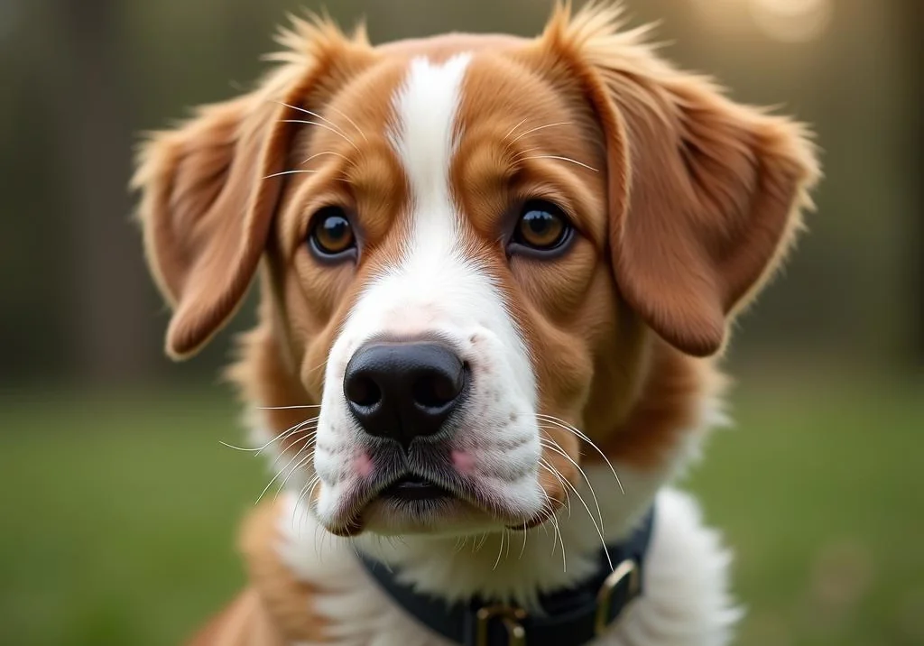 brown and white dog outside in the grass