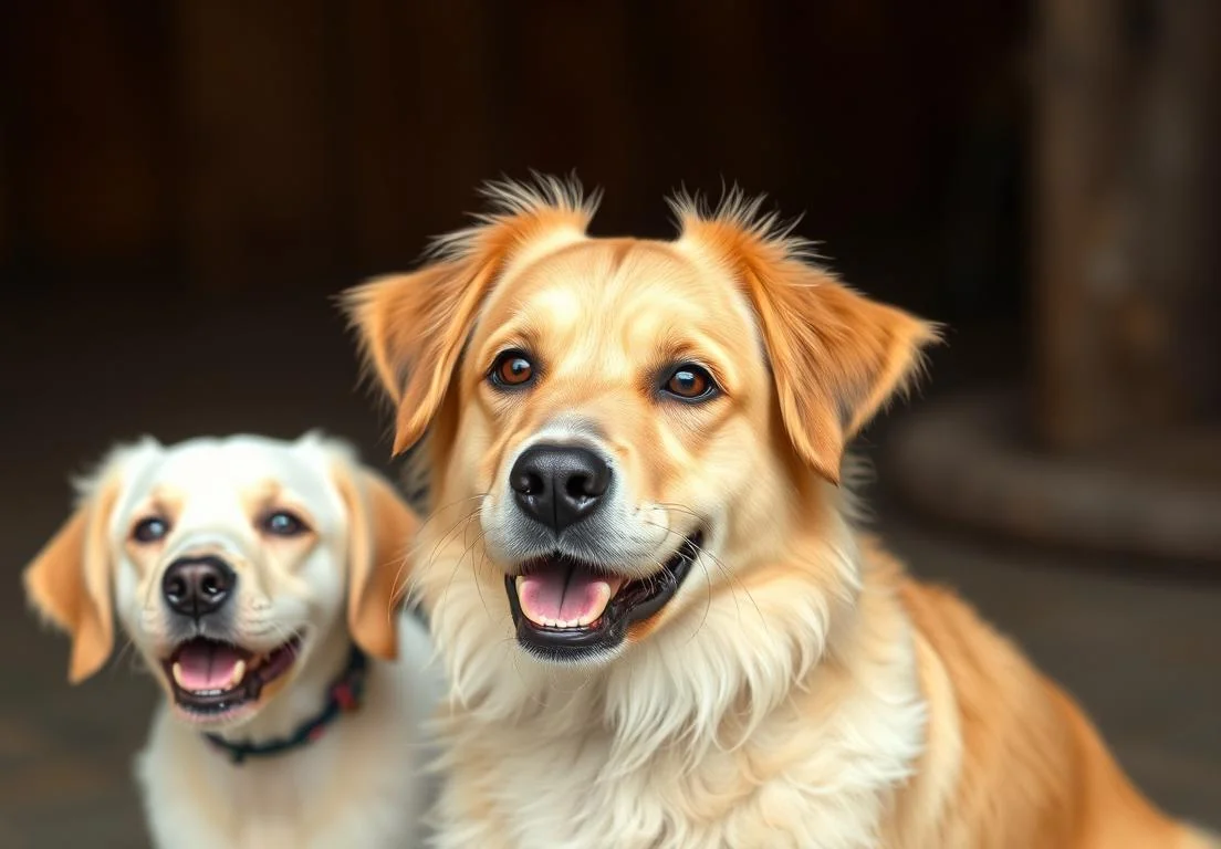 two dogs sitting next to each other dogs looking at the camera and smiling