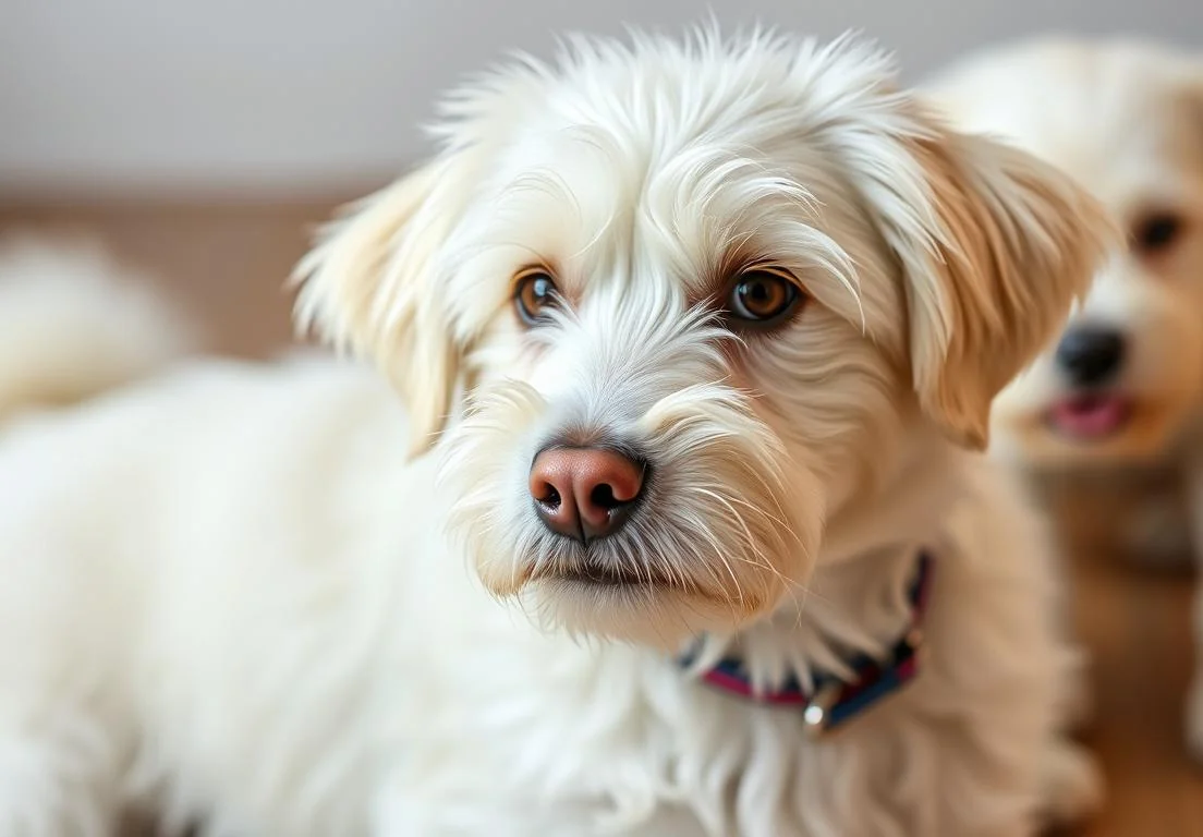 two small white dogs sitting next to each other dogs on a wooden floor