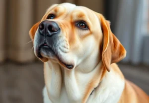 a brown and white dog looking up to the sky with its mouth open