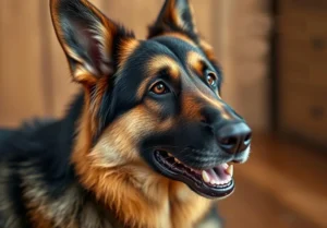 a german shepherd dog with its mouth open looking happy