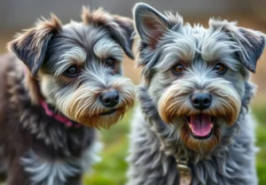 two small dogs standing next to each other dogs looking at the camera