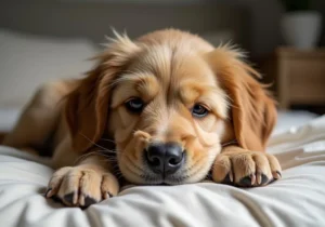 sad brown dog lying on white sheets in bed