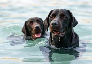 two dogs swimming in the water with their mouths open and looking at the camera