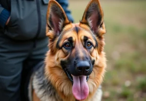 a german shepherd dog with its tongue sticking out and looking at the camera