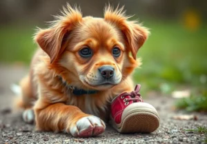 a small dog laying on the ground next to a pair of red shoes