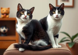 two black and white cats sitting on a brown couch in a living room