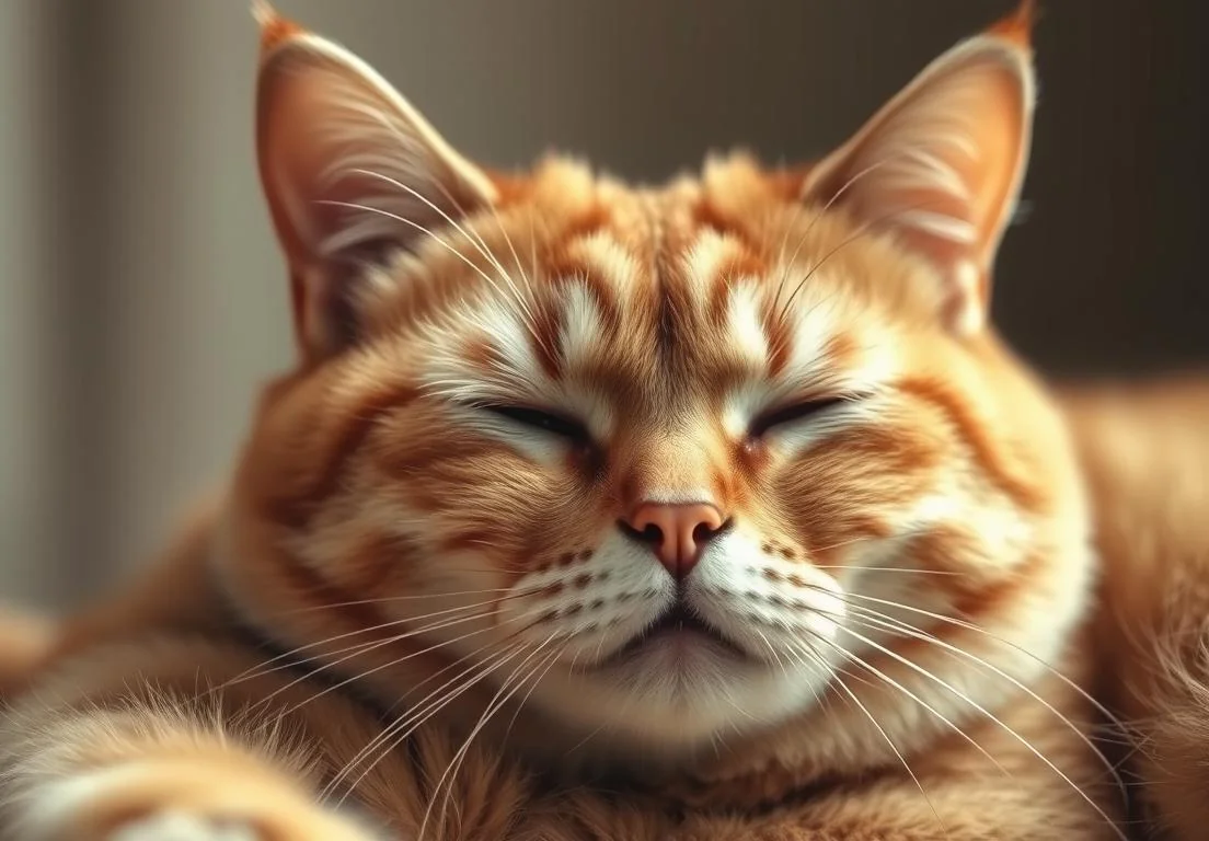 an orange cat laying on top of a brown couch with its eyes closed