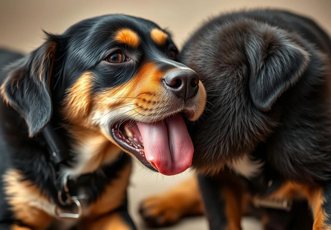 two dogs with their mouths open and one is sticking its tongue to the other dog's mouth