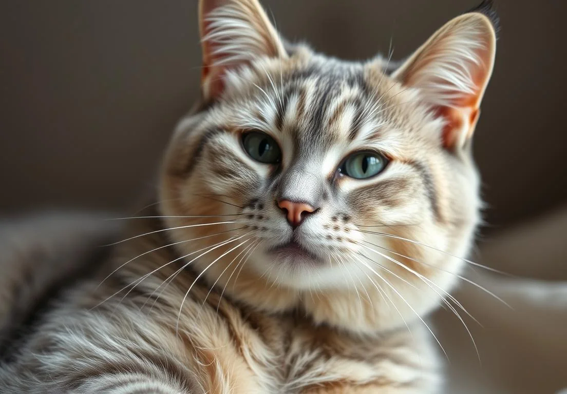 a cat with green eyes laying on top of a white sheet looking up at the camera