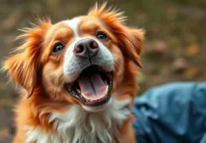 a dog with its mouth open and it's mouth open, looking up at the camera