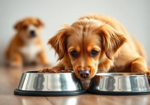a dog eating out of a bowl on a wooden floor with another dog in the background