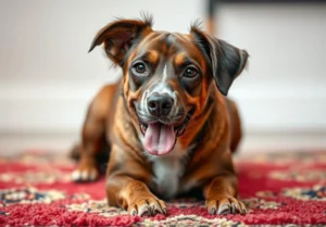 a small dog laying on the floor with its tongue out and tongue out