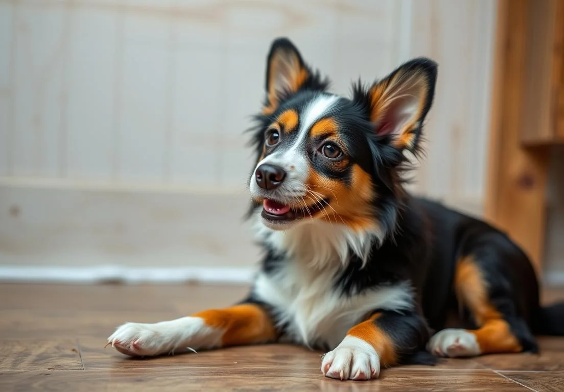 a small dog laying on the floor with its mouth open and tongue out