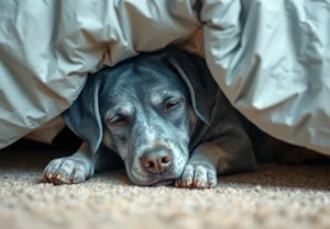 a dog is laying under a bed with its head under the covers stock photo