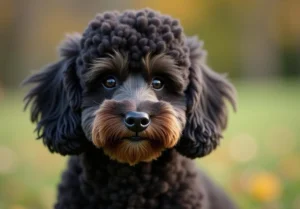 a black and brown poodle dog sitting on top of a grass covered in fall leaves