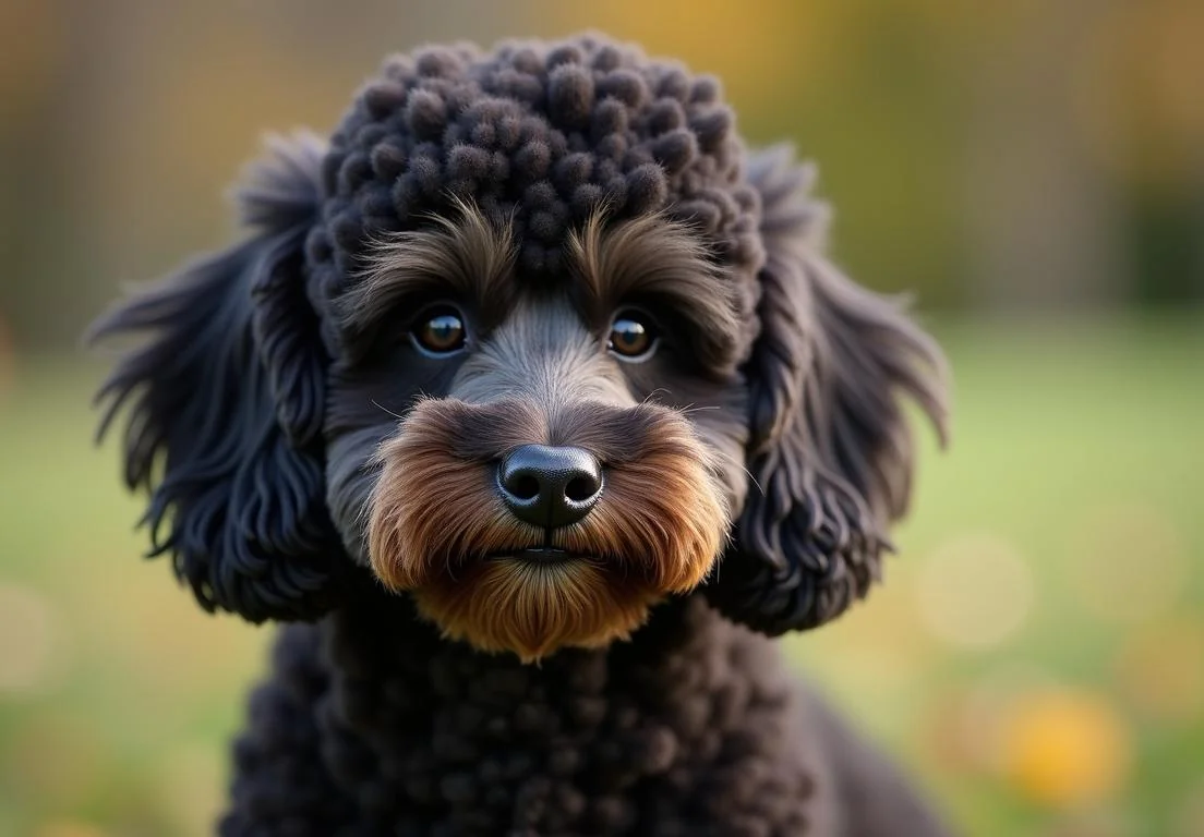 a black and brown poodle dog sitting on top of a grass covered in fall leaves