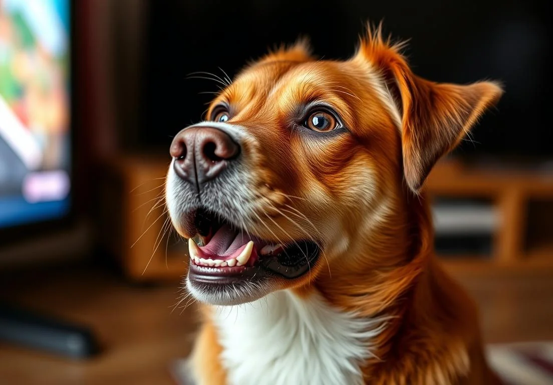 a dog with its mouth open looking up at the television screen in the living room