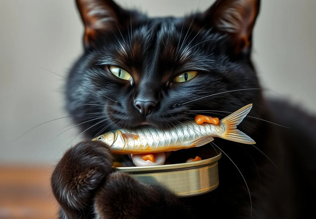 a black cat eating a canned sardine