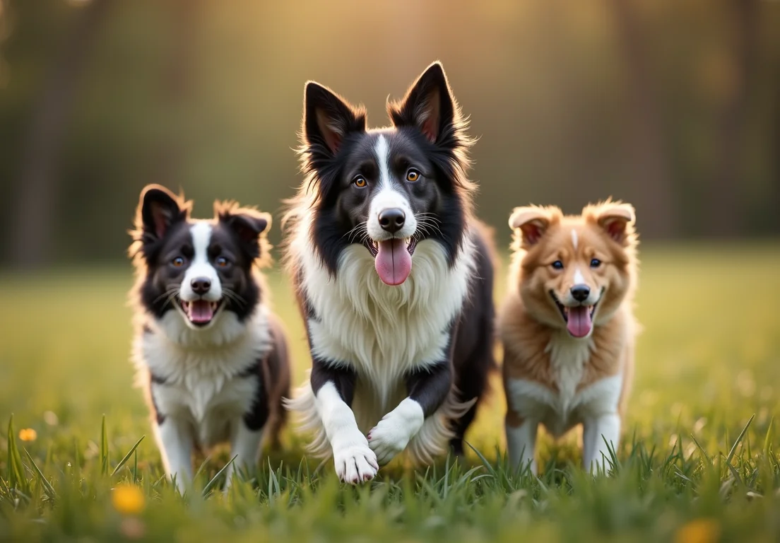 Border Collie dogs running in a field.