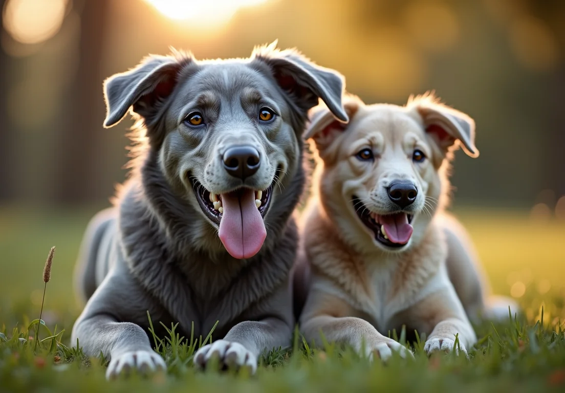 Two happy dogs lying on the grass in the sun.