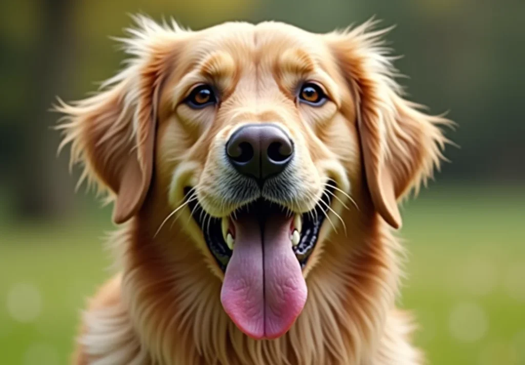 A close-up of a Golden Retriever's face, with its tongue out.