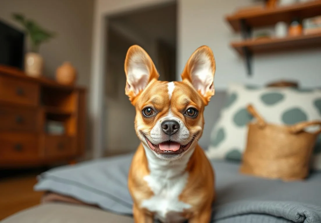 a small french bulldog dog sitting on top of a bed with a pillow in the background