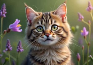 a cute tabby cat with green eyes looking up at a purple flower.