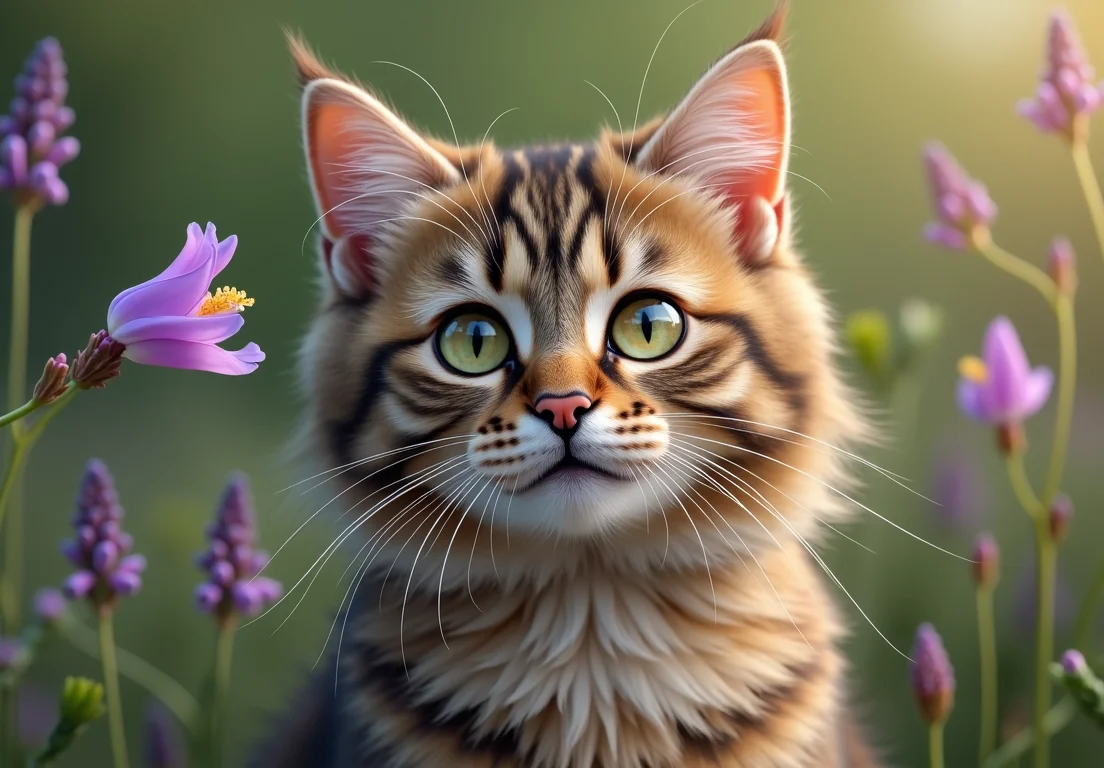 a cute tabby cat with green eyes looking up at a purple flower.