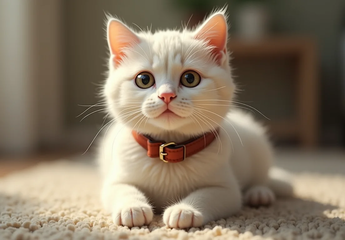 A white cat with a red collar, looking at the camera.