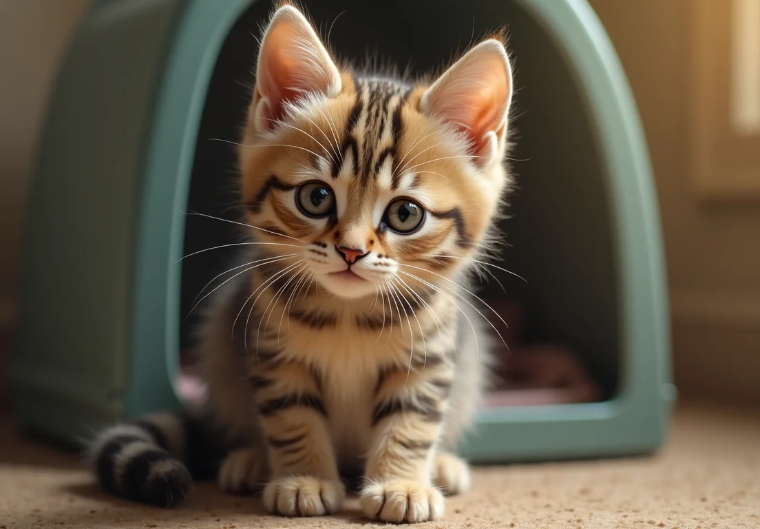 Cute tabby kitten in a blue pet house, looking at the camera.