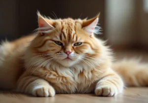 A ginger cat is lying on the floor and looking away.